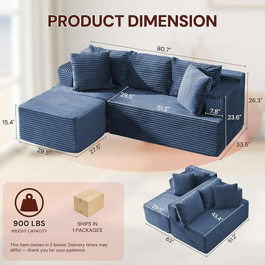 Korser Boneless Couches for Living Room, Cloud Couch Sectional with Ottoman, L-Shaped Sofa with Fluffy Comfy Corduroy Deep Seat, Bedroom, Apartment, No Assembly Required