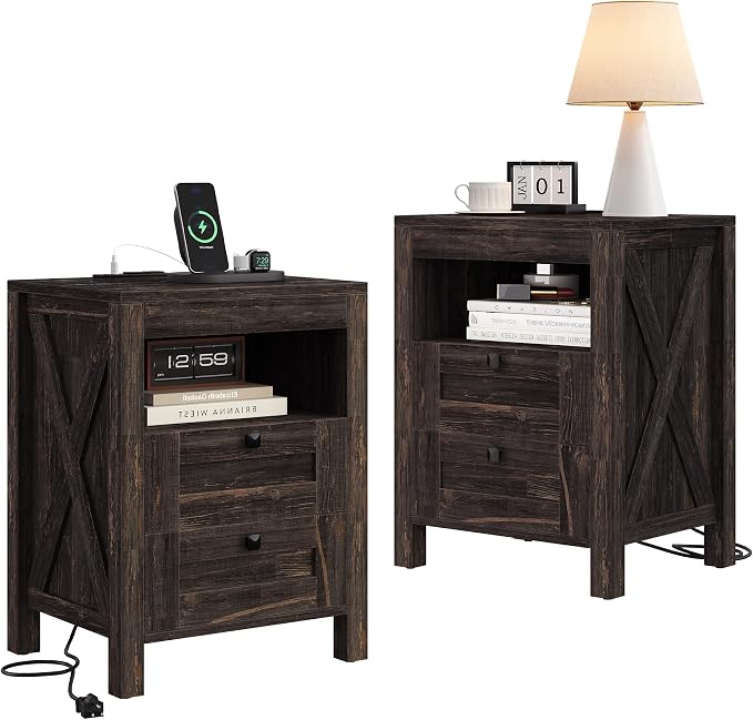 Luoxiao Nightstand Set of 2 with Charging Station, End Table, 18" Farmhouse Side Table with 2 Storage Drawers, Rustic Wooden Sofa Table, Bedside Cabinet for Living Room, Bedroom
