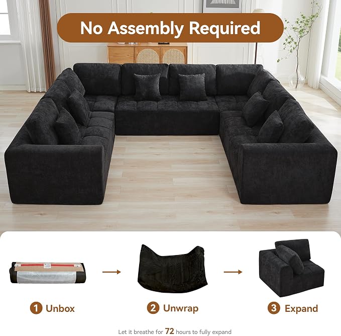 140''Modular Sectional Couches for Living Room, Cloud Boneless Compressed Sectional Sofa, Oversized U Shaped 8 Seater Upholstered Memory Foam Sofa, No Assembly, Chenille Black