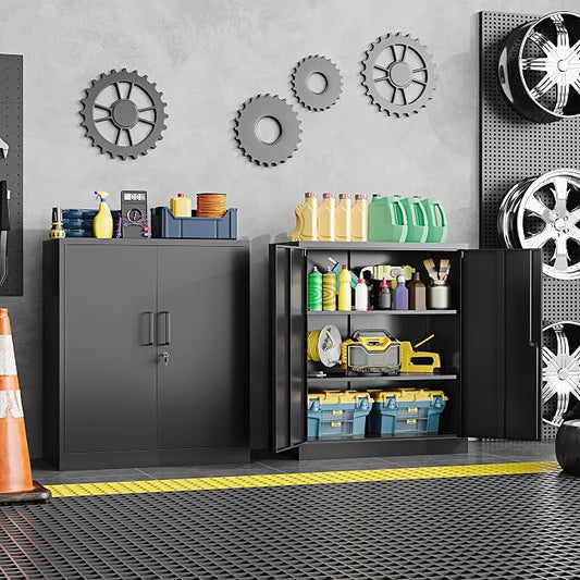 36" H Metal Storage Cabinet, Black Metal Cabinet with 2 Lockable Doors and 2 Adjustable Shelves, Garage Storage Cabinet for Home Office, Garage, School, Apartment, Warehouse