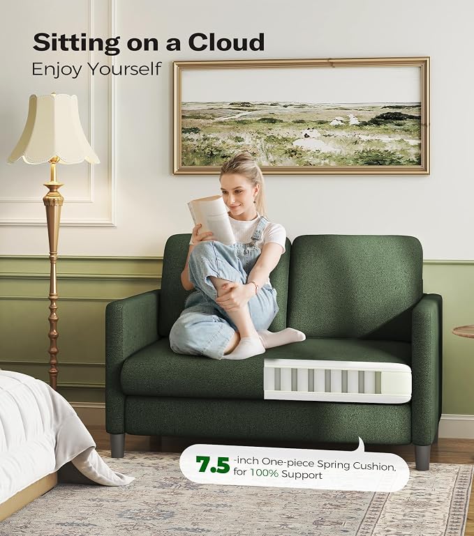 Welzona Loveseat, 51" Small Couch, Comfy Teddy Love Seat for Living Room, Tool-Free Setup Loveseat Sofa for Small Spaces, All-Wood Small Sofa Couch for Bedroom, Green