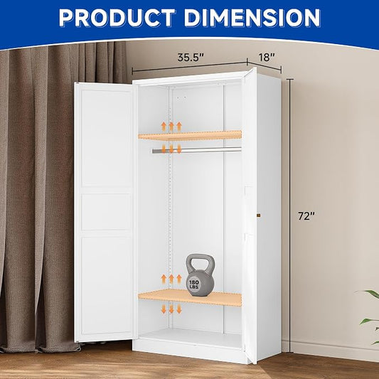 BYNSOE Metal Armoire Wardrobe Closet with 2 Doors 72'' Wardrobe Cabinet with Hanging Rail Metal Closet with Adjustable Shelves for Bedroom Require Assembly(White, 72inch)