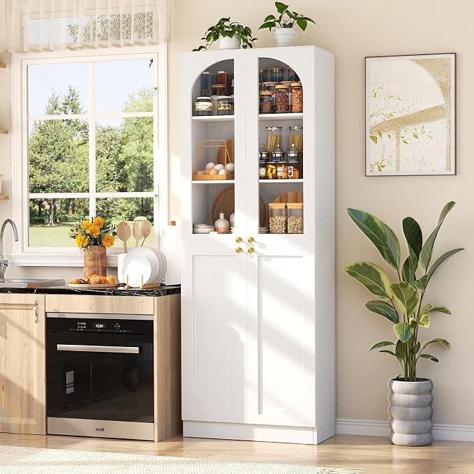 Cyclysio 80" Kitchen Pantry, Tall Arch Storage Cabinet with Tempered Glass & Soft Close Doors, Freestanding Wood Floor Cupboard Bookcase with Seamless Fit Wall for Dining Living Room, Bathroom (White)