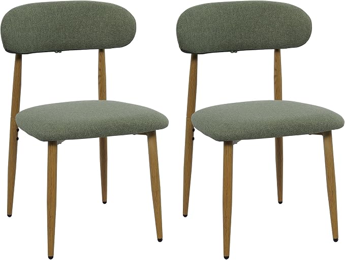FREKEN Modern Upholstered Dining Chairs Set of 2, Mid-Century Metal Frame with Wood Grain, Linen Fabric Side Chair for Kitchen Dining Room, 350lbs Capacity, Green