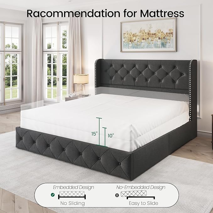 LARMACE Upholstered Queen Size Bed Frame with 4 Storage Drawers and 47.2" Tall Wingback Headboard Tufted Platform Bed Frame Linen Beds with Wooden Slats Support, Easy Assembly, Dark Grey