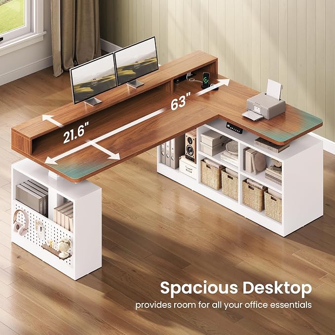 SEDETA L Shaped Electric Standing Desk, 63 inch Gaming Computer Desk with Storage Shelves and LED Lights, Height Adjustable Office Desk with Power Outlet and Pegboard, Brown Desktop