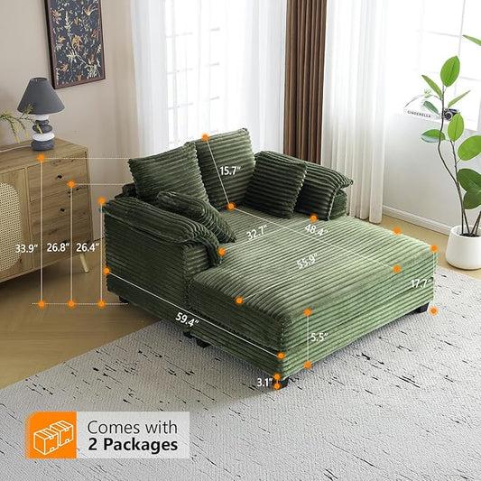 VINGLI Lounge Chair, 56" Oversized Reading Chair Corduroy Chaise Sofa Recliner Bed Upholstered Comfy Sleeper Couch with Throw Pillows and Armrests for Living Room, Movie Room, Bedroom