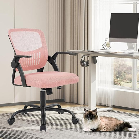 Sweetcrispy Home Office Managerial Executive Chair, Flip Up Armrest Ergonomic Mesh Adjustable Swivel Mid-Back Computer Desk Chair with Comfortable Lumbar Support, Comfy Arms for Bedroom,Blak&Pink