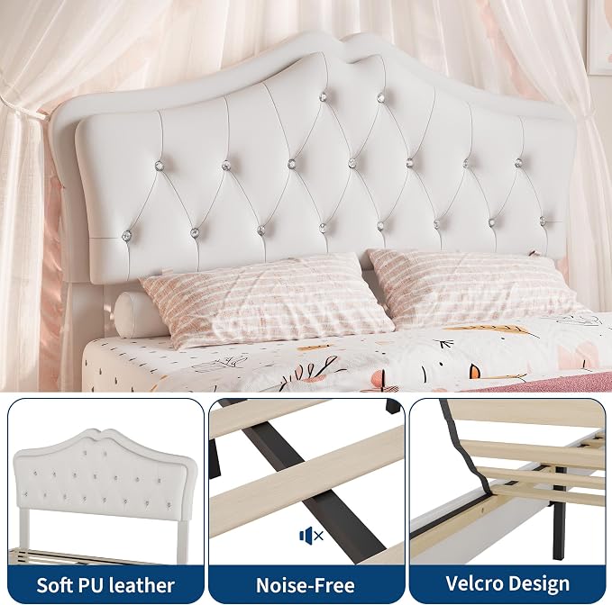 Garvee Full Size Bed Frame with LED Lights & Velvet Crystal Button Headboard, Upholstered Boy/Girl Platform Bed with Storage Drawer, Noise Free, No Box Spring Needed for Kids, Teens, Beige