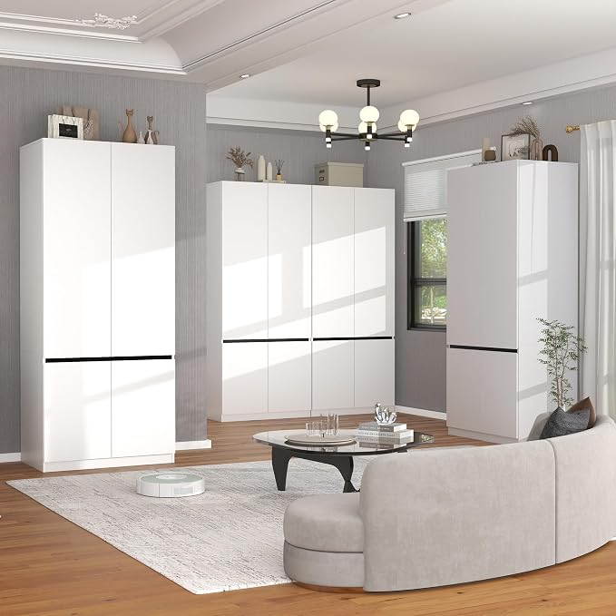White Armoire Wardrobe Closet: 74" Wooden Wardrobe Closet with 8 Doors, Bedroom Armoires with Hanging Rod, Tall Closets Cabinet for Hanging Clothes (126")