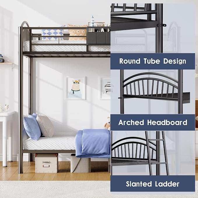 Decofy Metal Bunk Bed Twin Over Twin with Storage Bag, 2 Twin Size Beds with Safety Guard Rails and Anti-tip Nails for Teenager,Girls or Boys (Black) | Convertible Ladder