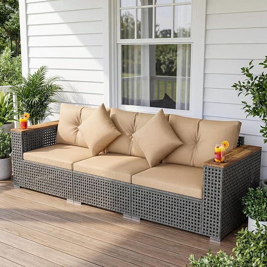 Tangkula 86.5" Large 3-Seat Patio Wicker Sofa, 3 Pieces PE Rattan Sectional Furniture Set with Cup Holder & Wood Armrest, Outdoor Couch Set with Armless & 2 Corner Sofas for Garden, Yard, Porch, Brown