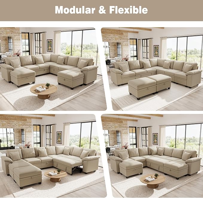 Ihanherry 108" Modular Sectional Sofa with Pull Out Bed, 9-Seater U Shaped Sectional Sleeper Couch with Storage, Chenille Convertible Couches for Living Room, Apartment (Sand)