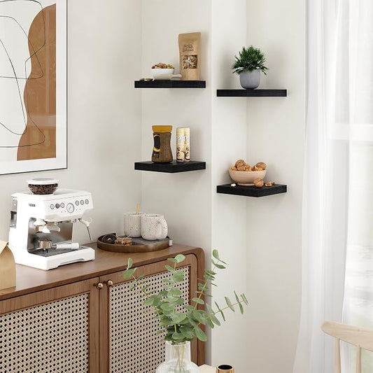 Fun Memories Floating Shelves for Wall - 7.5 Inch Square Shelves with Invisible Brackets, Black Small Wall Shelf for Living Room, Bathroom, Bedroom, and Kitchen Decor Black Set of 3