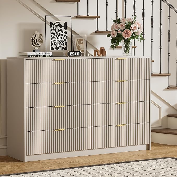 Furniway Beige Dresser for Bedroom, Modern Dresser with 8 Drawers and Smooth Slides, Wide Chest of Drawers with Golden Handles for Bedroom, Closet, 15.7" D x 55" W x 37.4" H