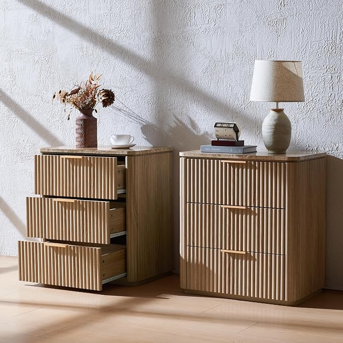 Fluted Nightstand Set of 2, 23" W Night Stand with 3 Drawers, Wood Bed Side Table with Faux Marble-Top, Curved Corner, Metal Handle, Modern Bedside Table for Bedroom, Living Room, Office, Natural Oak