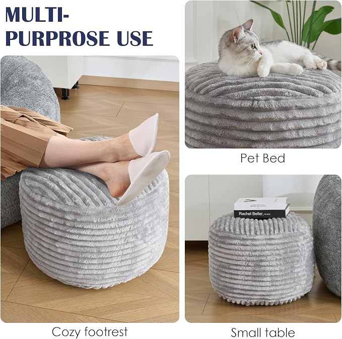 Round Ottoman,Corduroy Pouf Ottoman Foot Rest,Light Grey,18x14 IN | Storage Footstool for Living Room,18x14 Soft Floor Poufs,Memory Foam Filling,Footrest only