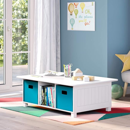 RiverRidge Kids 6 Cubby Storage 2pc Activity Table, White with Turquoise Bins