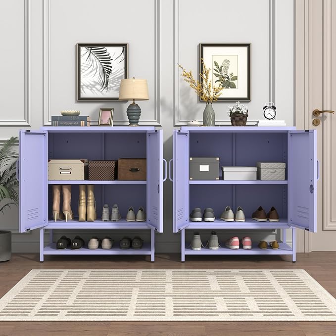 Wide 3-Tier Metal Shoe Storage Cabinet, Multifunctional Household Shoe Organizer with Adjustable Shelves for Home & Entryway Purple 33" H X 29.5" W X 13.8" D