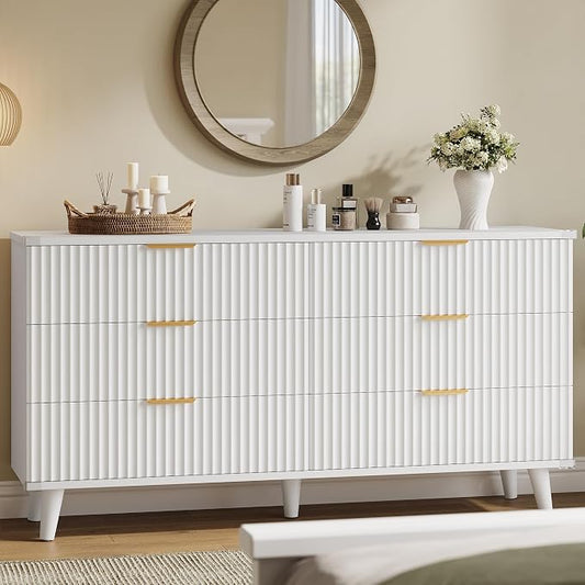 Lulive Modern Dressers and Nightstands Set 4-Piece, 6-Drawer Dresser + 2 Night Stands + 5 Drawers with Charging Station Modern Bedroom Sets Solid Wood Legs White