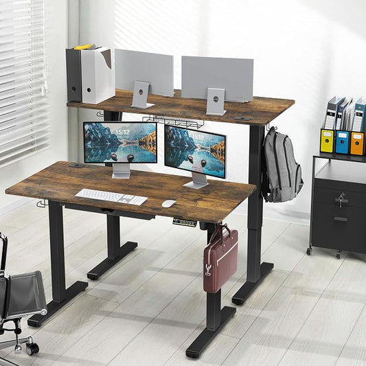 SHW 48-Inch Electric Height Adjustable Standing Desk with Drawer, Memory Preset and Cable Management Tray, Rustic Brown