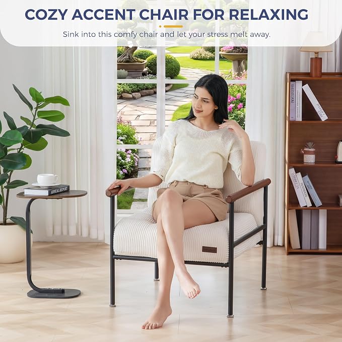 MAXYOYO Living Room Accent Chair, Modern Chair with Sturdy Metal Frame & Wood Armrests, Upholstered Reading Chair with Upholstered Cushion for Bedroom Balcony Porch, Beige