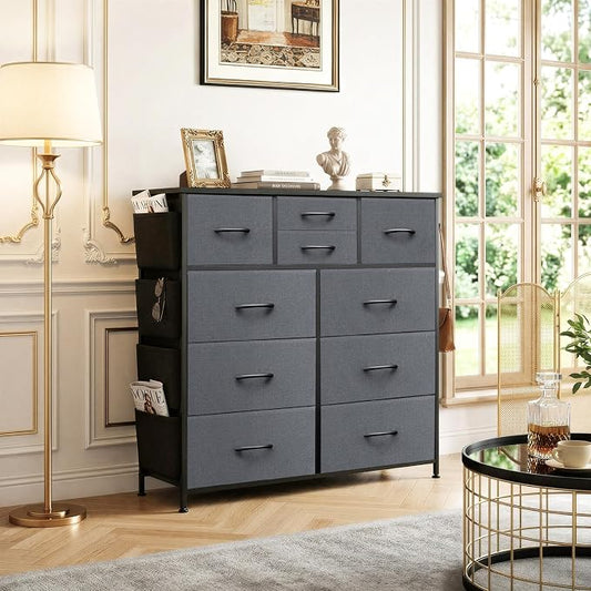 Dresser for Bedroom with Side Pockets and Hooks, 10 Drawers Storage Organizer Chest of Drawers, Sturdy Metal Frame for Living Room, Hallway, Closet, Dark Gray