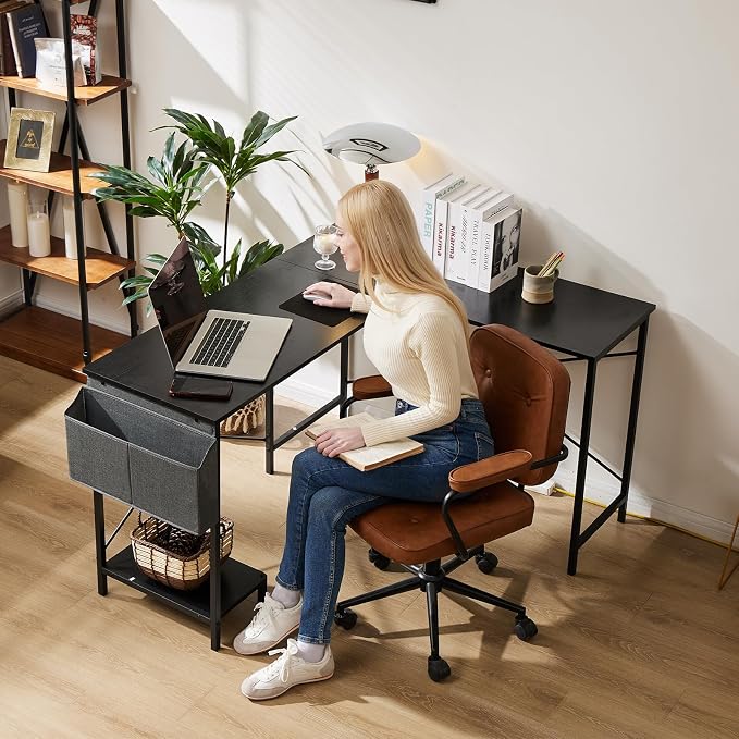 Sweetcrispy L Shaped Desk - Computer Gaming Desk Corner Desk | PC Table Organizer with CPU Stand Side Bag for Home Office Dorm Sturdy, Writing Workstation, Black, 50-Inch