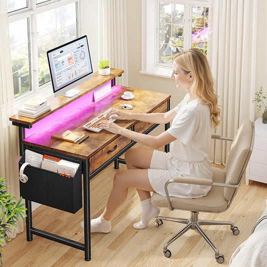Gaming Desk with LED Lights & 2 Fabric Drawers, 39.4Inch Home Office Computer Desk with Side Pocket & Ergonomic Monitor Stand, Small Space Study Writing Table with Anti-Tip Design, Rustic Brown