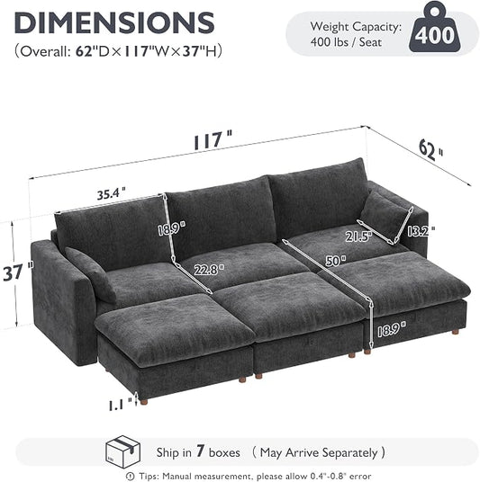 Ihanherry 117" Oversized Modular Sectional Sofa, Modern Cloud Couch with 3 Storage Ottoman, 6-Seat Comfy Chenille Deep Seat Sofa with 2 Pillows for Living Room, Grey
