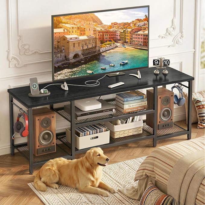 YGEOMER TV Stand for Up to 65 Inch TVs, Entertainment Center with Power Outlet and Open Storage Shelves, TV Media Console Table for Living Room and Bedroom, Black