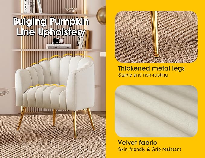 Dewhut Oversized Pumpkin Couch Accent Chair, Modern Comfy Velvet Upholstered Barrel Chairs, Luxury Single Sofa Armchair for Living Room, Waiting Room, Office and Vanity, (Beige)