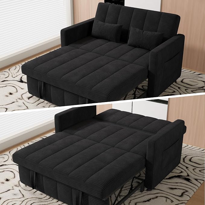 Nebuaegis Sleeper Sofa Bed,3-in-1 Convertible Pull Out Couch with Adjustable Backrest for Living Room,Loveseat Sofa Bed with Side Pockets,Easy Assembly,Black,1 PCS