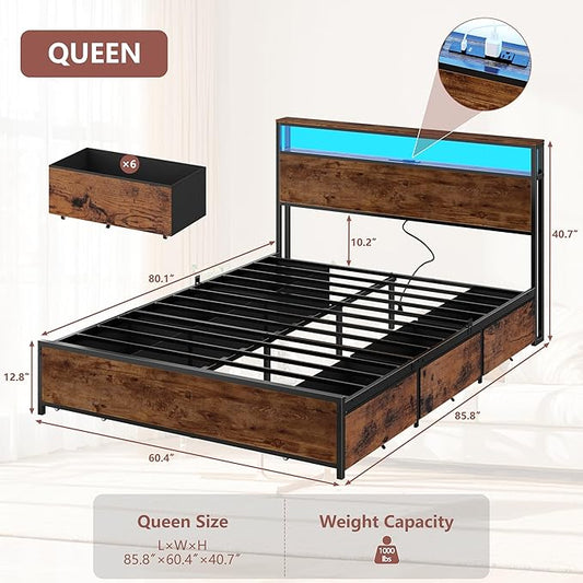 Forestell Queen Bed Frame with Headboard & 6 Drawers, Metal Platform Bed Frame Queen Size with Charging Station,LED Lights,2 Tier Shelf Storage Bedframe-No Box Spring Needed,Noise Free,Rustic Brown