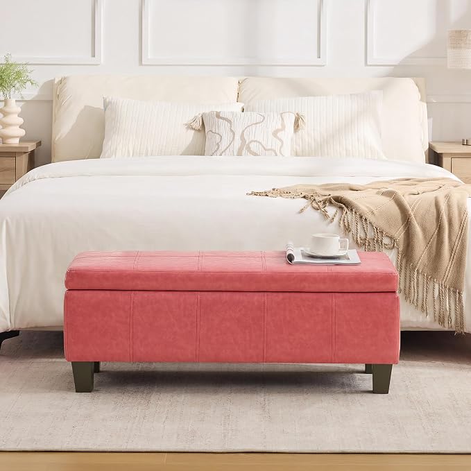 41" Storage Ottoman, Storage Bench with Safety Hinge, Upholstered Synthetic Leather Ottoman Bench for Bedroom, Living Room, Entryway, Hallway, Foot Rest, Support 500lbs