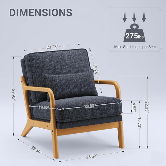 MALOL Accent Chair with Solid Wood Frame, Mid-Century Relaxing Armchair Lumbar Pillow& Soft Cushion, Reading Leisure Chair for Living Room, Bedroom, Waiting Room-Blue