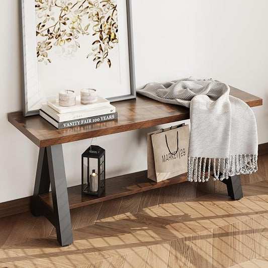 43" Farmhouse Wood Bench Industrial Entryway Bench Rustic Wood and Metal Shoe Storage Bench for Entryway, Living Room, Dining Room