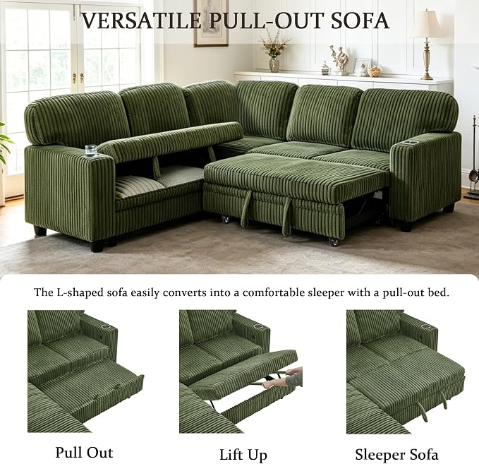 Sectional Sleeper Sofa with Pull Out Bed, Plush Corduroy L-Shaped Couch with Storage, USB Ports, Cup Holders, Comfy Sectional Couches for Living Room, Apartment, Green