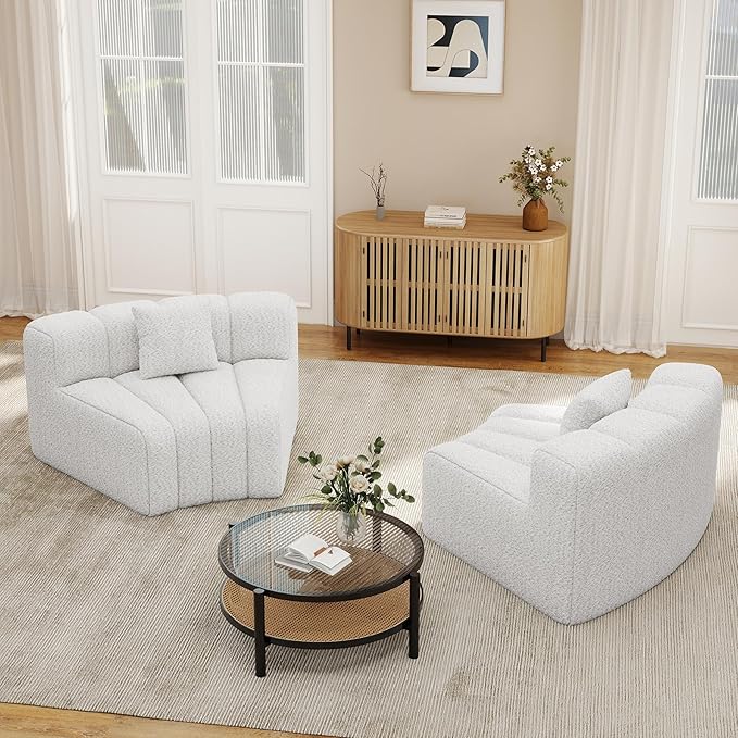 Nebuaegis 2PCS 1/8 Round Curved Sofa, 2 Seater Modular Velvet Couch, Modern Boneless Sectional Couches for Living Room, No Assembly Required, White