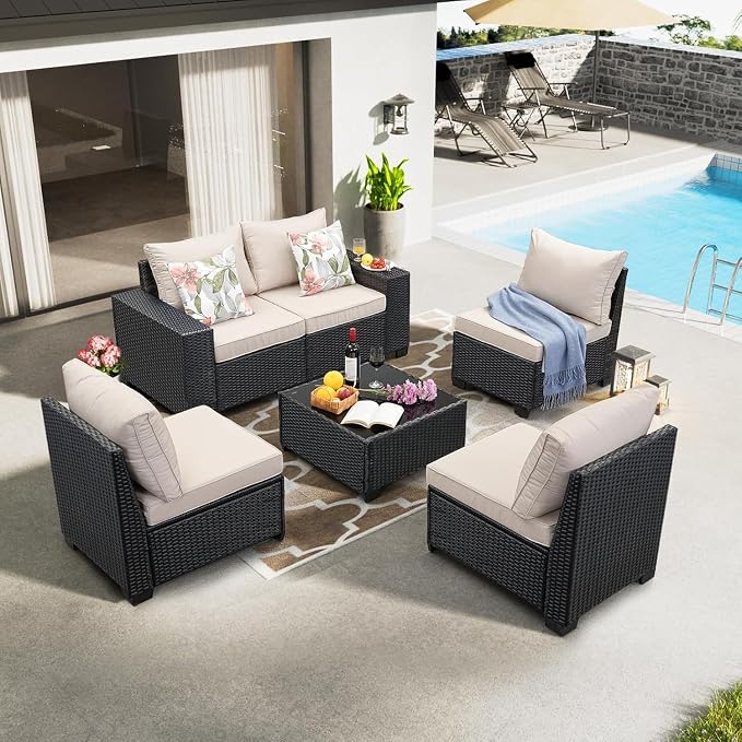 Jing's Villa 6-Piece Patio Furniture Set, All-Weather Outdoor Wicker Sectional Sofa with Cushions, Glass Table & Left and Right Armrest, Rattan Conversation Seating for Porch, Garden, Backyard,Beige