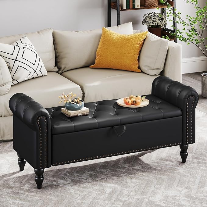 Furniliving 51” End of Bed Bench, Bedroom Bench with Button-Tufted, Large Upholstered Storage Ottoman Benches Entryway Bench with Storage Shoe Cabinet Bench, for Bedroom, Living Room, PU, Black