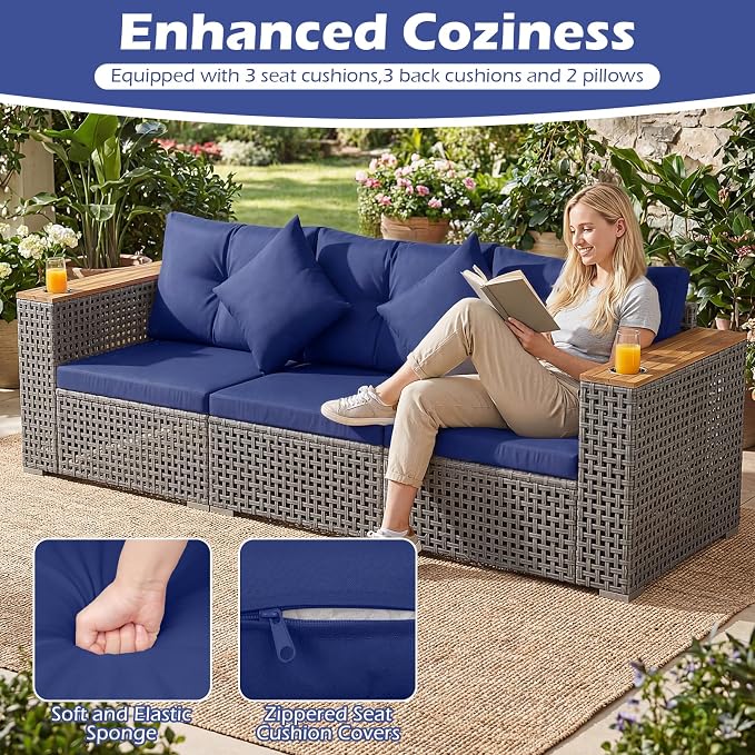 Tangkula 86.5" Large 3-Seat Patio Wicker Sofa, 3 Pieces PE Rattan Sectional Furniture Set with Cup Holder & Wood Armrest, Outdoor Couch Set with Armless & 2 Corner Sofas for Garden, Yard, Porch, Navy