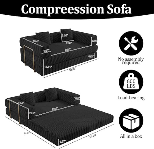 BSHOMGI 59 Inch Convertible Sofa Bed, 4-in-1 Futon Sofa Bed Pull Out Sleeper Couch, Modular Couches Bed for Living Room, Corduroy Boneless Loveseat for Bedroom, Apartment, No Assembly, Black, 2 Seat