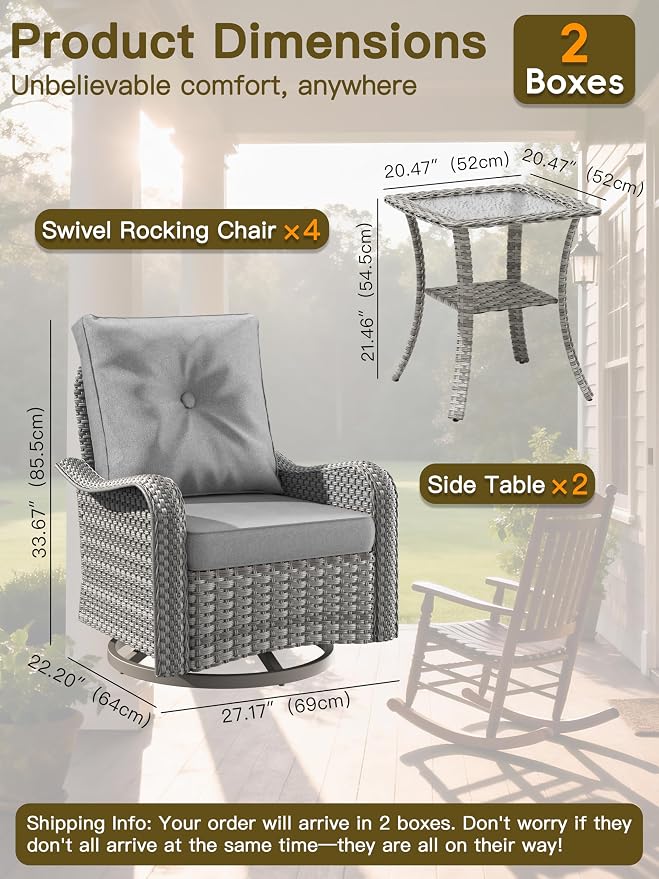 6-Piece Patio Furniture Set, Outdoor Swivel Rocking Chairs with 4" Thick Cushions & Side Table, All-Weather PE Rattan & Rust-Resistant Steel Frame Conversation Set for Porch, Garden, Backyard, Grey