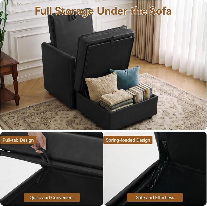 30" Black Faux Leather Storage Sofa Chair, Single Accent Chair with Ottoman | Modern Upholstered Deep Seat Sofa Chair, Comfort for Reading, Lounging, and Small spaces, Armchair for Living Room, Bedroom