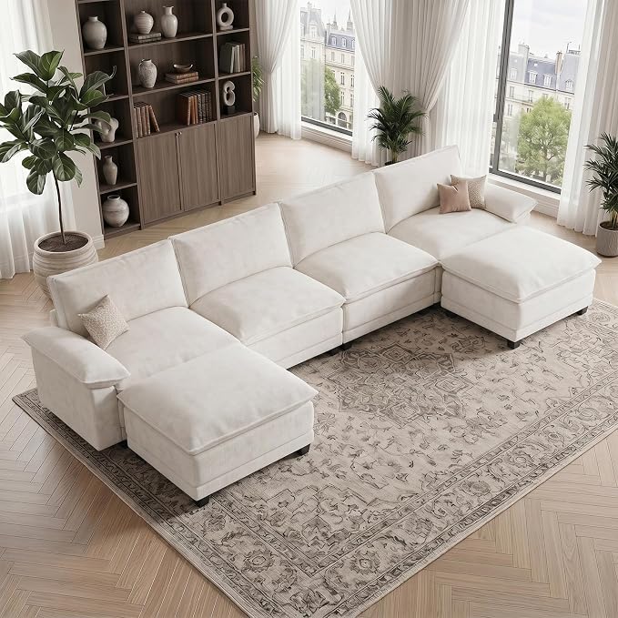 Modern U Shaped Sofa Couches for Living Room, Modular Sectional Cloud Couch with Movable Ottoman, Comfy Chenille Sofa for Apartment and Small Space, Beige