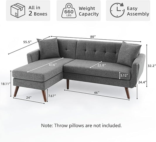 Tbfit L Shaped Couch Sofa, 80" W Mid-Century Modern Sectional Couches, 3 Seater Sofas with Wide Chaise Lounge, Button Tufted Upholstered Sectional Sofa for Living Room, Bedroom, Gray