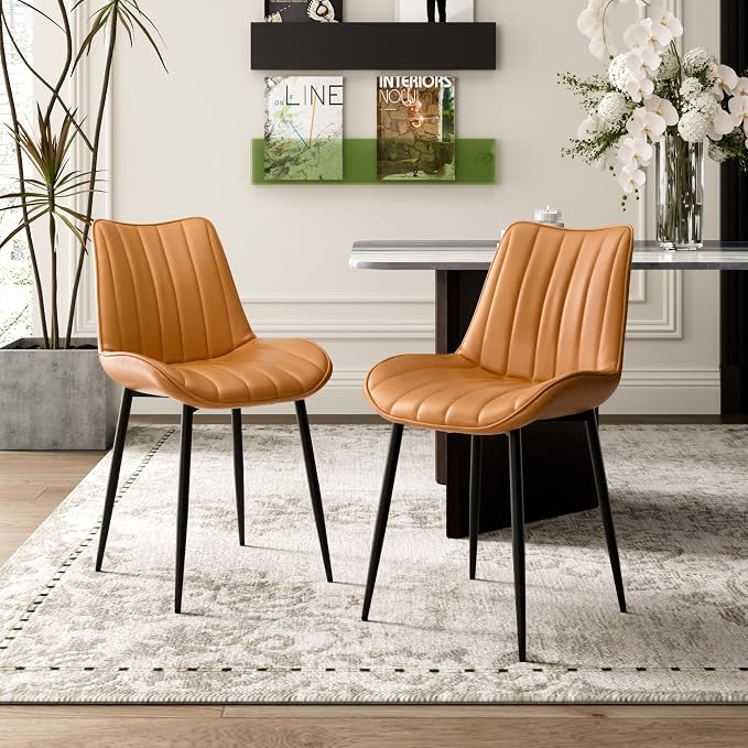 VECELO Dining Chairs Set of 6, Vegan Leather Fabric & Metal Frame, Mordern Style for Kitchen, Living Room,Offcie,Brown