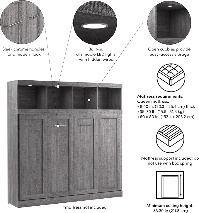Bestar Queen Size Horizontal Murphy Bed with Storage and Charging Station, 80-inch, for Bedroom or Guestroom, Pur Collection, Modern, Gray