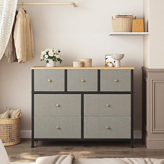 OLIXIS 7 Drawer Dresser for Bedroom, Tall Fabric Storage Tower with Sturdy Steel Frame and Wooden Top, Large Dresser for Living Room Entryway with Easy Pull Fabric Bins,Dark Green
